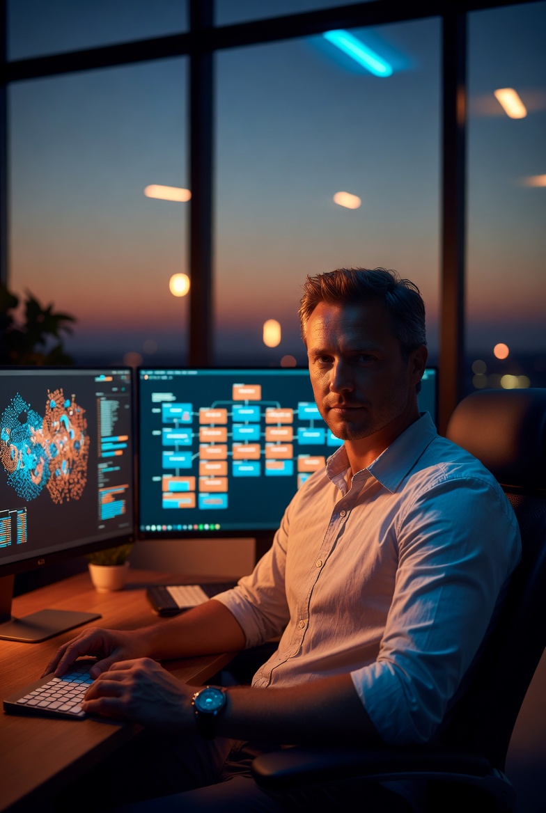 Engineer reviewing automation dashboards and workflow logic.